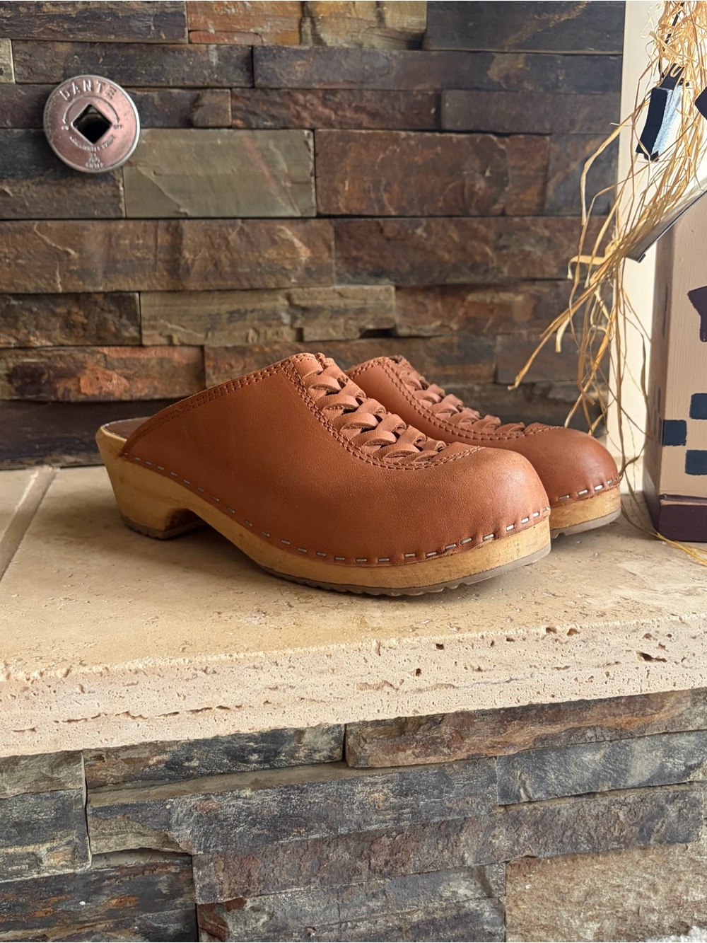 Swedish Hasbeens Tan Leather Clog Mules